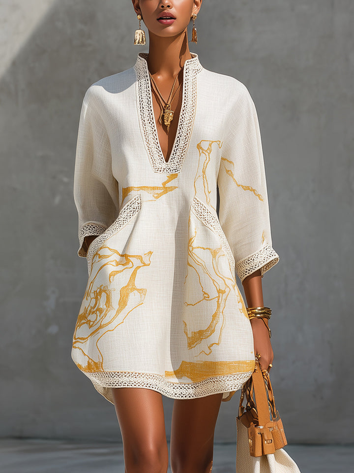 V-NECK | IVORY GOLD PRINT DRESS FOR WOMEN