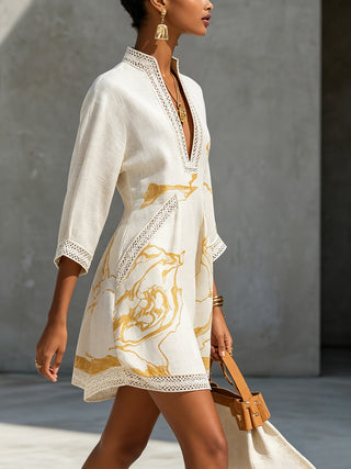 V-NECK | IVORY GOLD PRINT DRESS FOR WOMEN