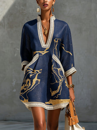NAVY | GOLD V-NECK CROCHET DRESS FOR WOMEN