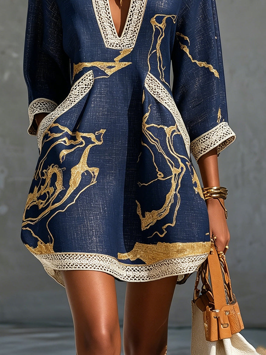 NAVY | GOLD V-NECK CROCHET DRESS FOR WOMEN