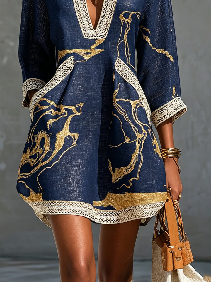 NAVY | GOLD V-NECK CROCHET DRESS FOR WOMEN