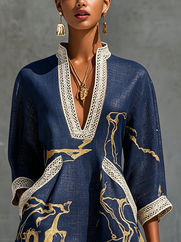 NAVY | GOLD V-NECK CROCHET DRESS FOR WOMEN