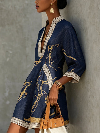 NAVY | GOLD V-NECK CROCHET DRESS FOR WOMEN