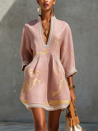 ROSE | GOLD V-NECK CROCHET DRESS FOR WOMEN