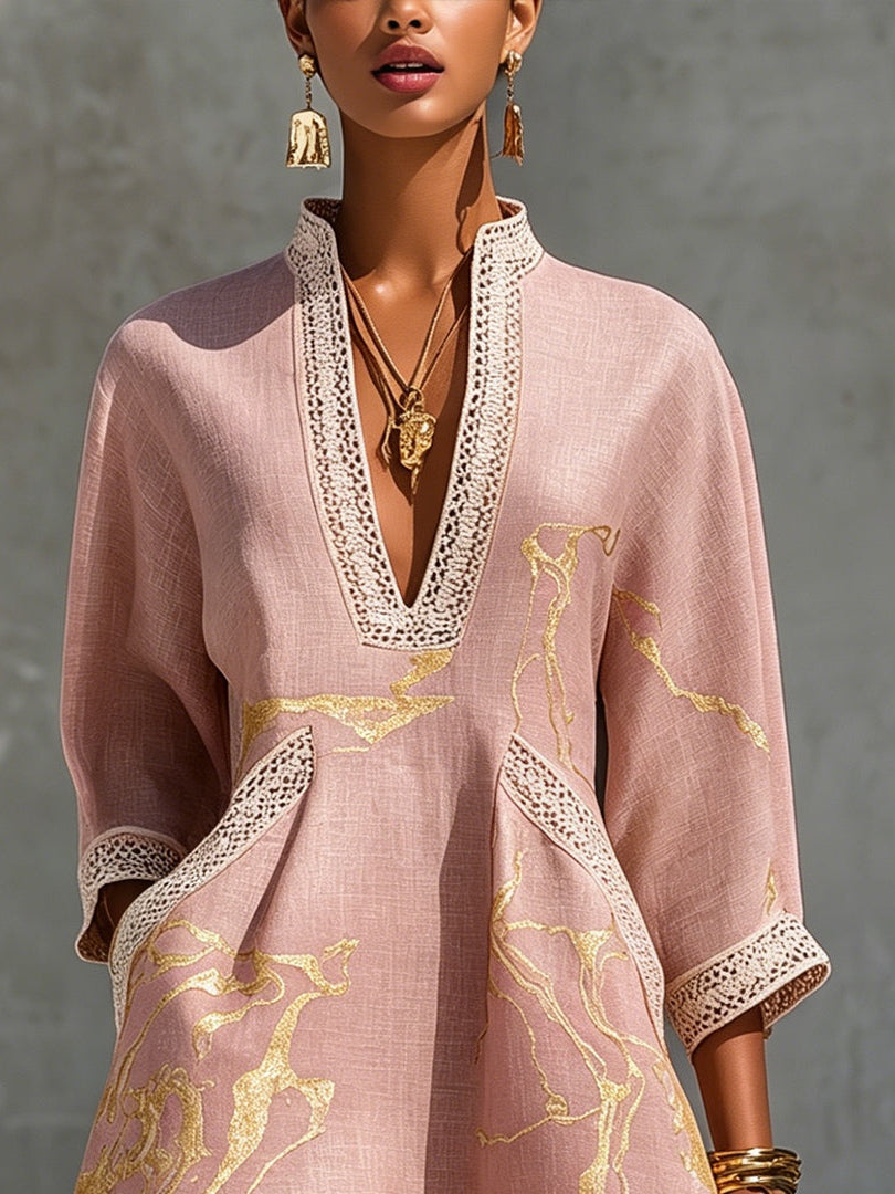 ROSE | GOLD V-NECK CROCHET DRESS FOR WOMEN