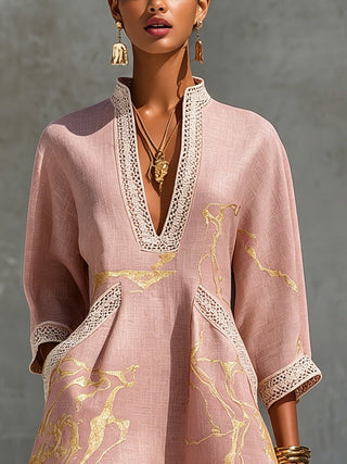 ROSE | GOLD V-NECK CROCHET DRESS FOR WOMEN
