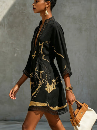 BLACK | GOLD V-NECK CROCHET DRESS FOR WOMEN