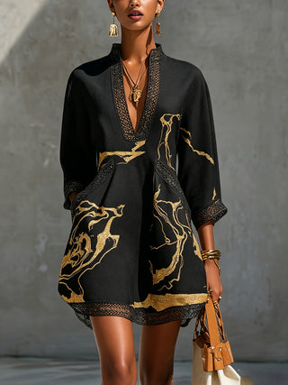 BLACK | GOLD V-NECK CROCHET DRESS FOR WOMEN