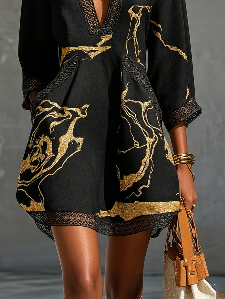 BLACK | GOLD V-NECK CROCHET DRESS FOR WOMEN