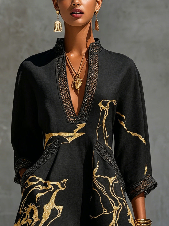 BLACK | GOLD V-NECK CROCHET DRESS FOR WOMEN