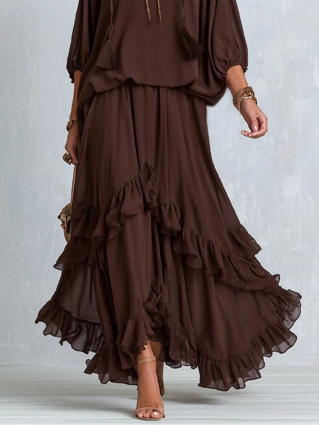 ONDINE | BROWN CHIFFON FRINGE SET FOR WOMEN
