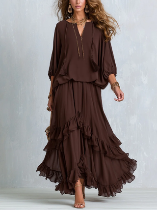 ONDINE | BROWN CHIFFON FRINGE SET FOR WOMEN