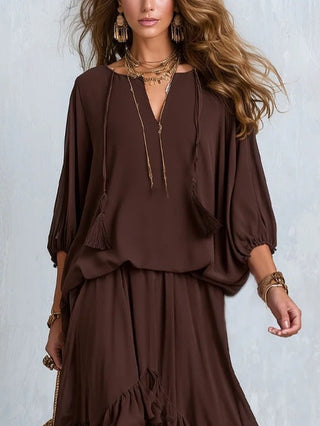 ONDINE | BROWN CHIFFON FRINGE SET FOR WOMEN