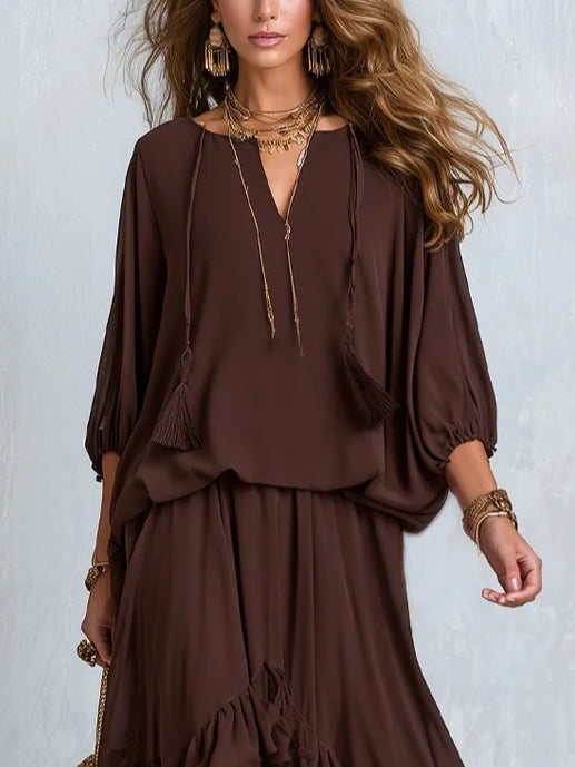 ONDINE | BROWN CHIFFON FRINGE SET FOR WOMEN