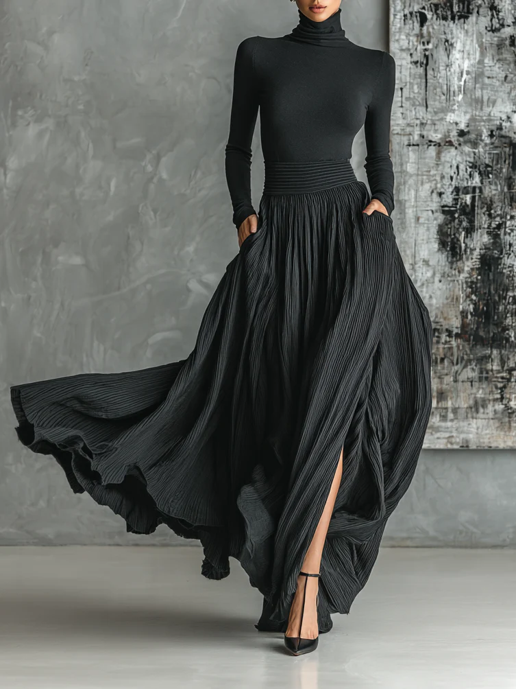 PRUDENCE | BLACK TURTLENECK PLEATED SET FOR WOMEN