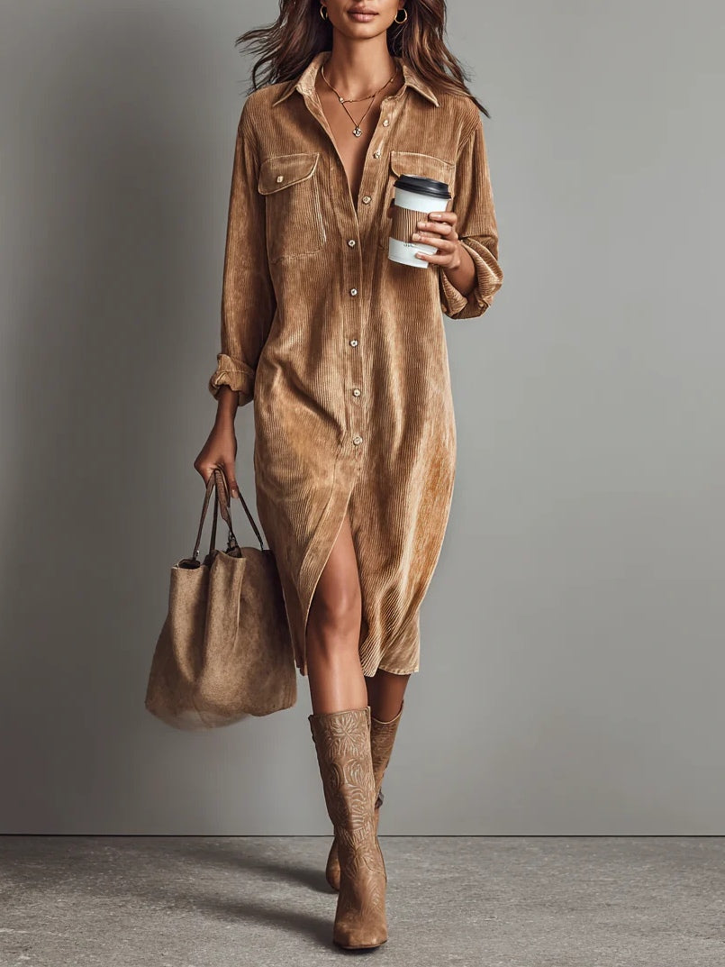 INES | RIBBED CORDUROY MIDI DRESS FOR WOMEN