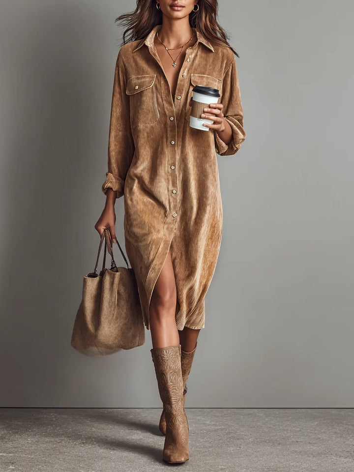 INES | RIBBED CORDUROY MIDI DRESS FOR WOMEN