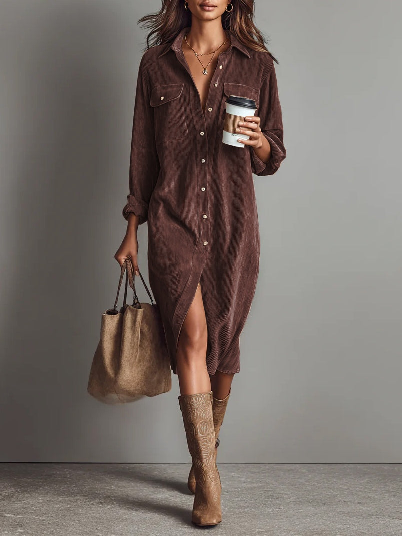 INES | RIBBED CORDUROY MIDI DRESS FOR WOMEN