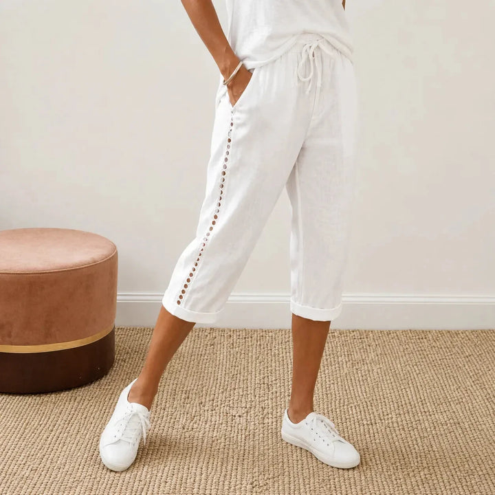 LORAVIE | EYELET TRIM COTTON-LINEN-LIKE PANTS FOR WOMEN