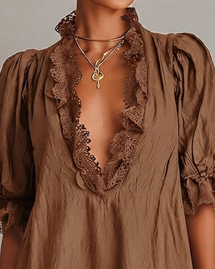 ELODIE | LACE-TRIM V-NECK MINI DRESS FOR WOMEN