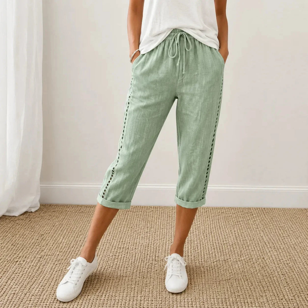 LORAVIE | EYELET TRIM COTTON-LINEN-LIKE PANTS FOR WOMEN