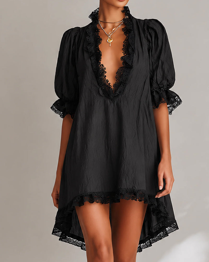 ELODIE | LACE-TRIM V-NECK MINI DRESS FOR WOMEN