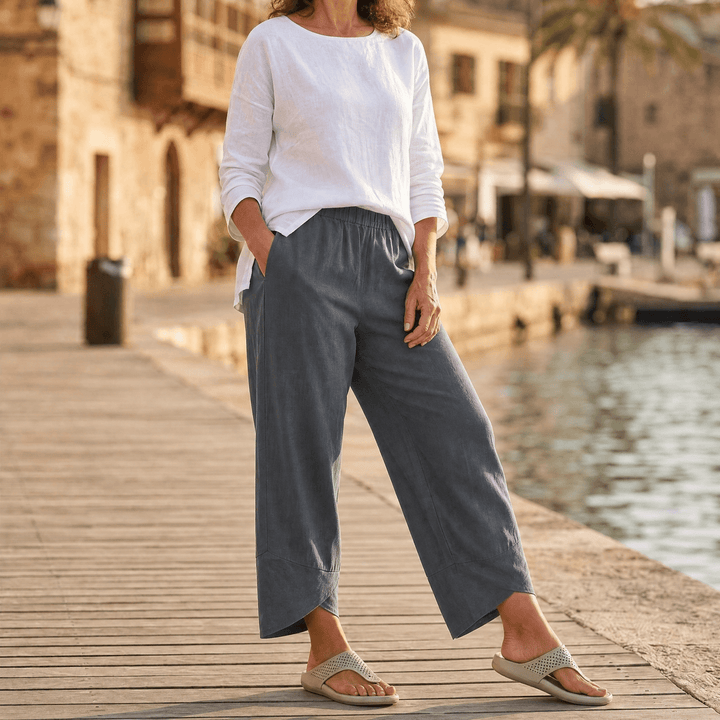 BREZIA | ASYMMETRIC LINEN CROPPED PANTS FOR WOMEN