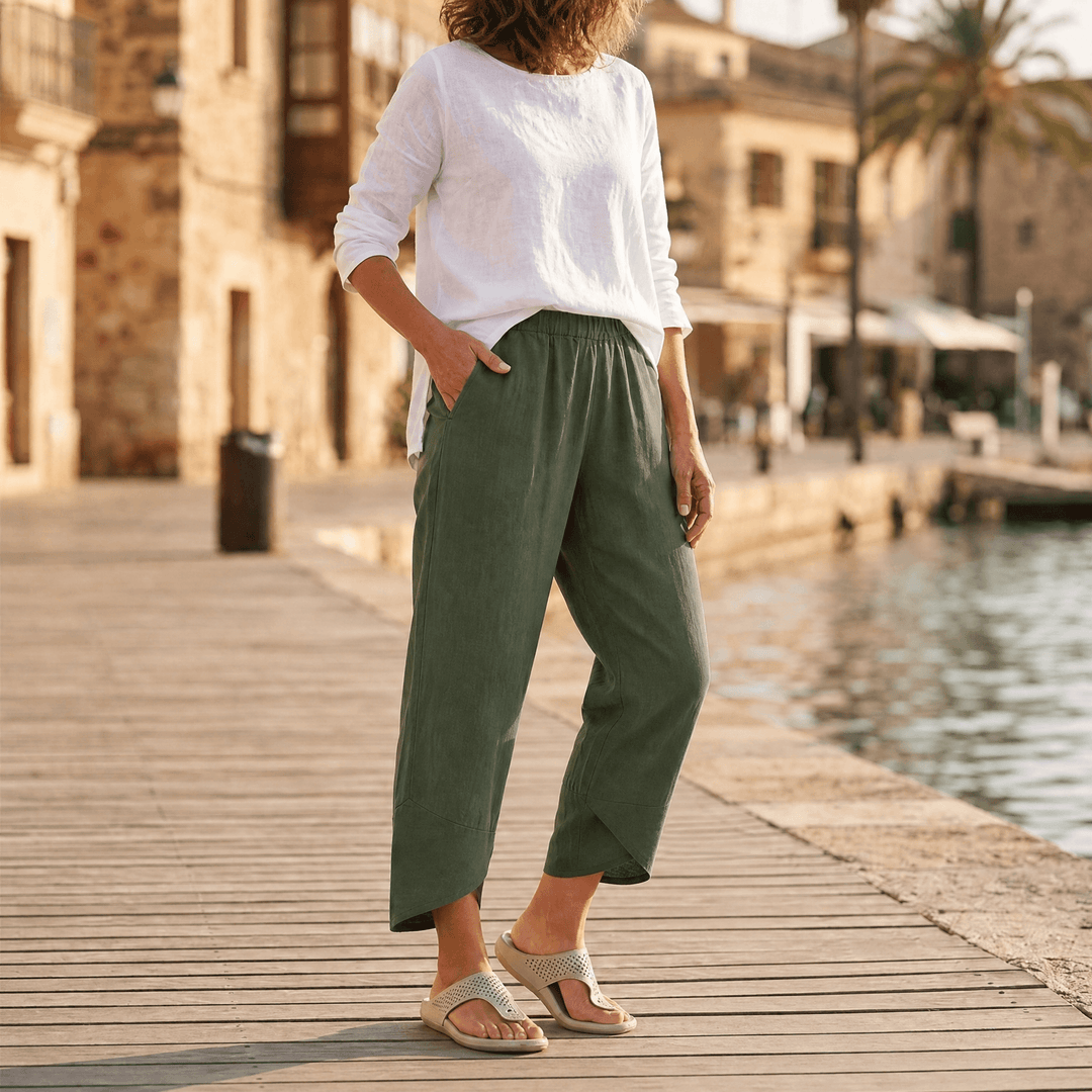 BREZIA | ASYMMETRIC LINEN CROPPED PANTS FOR WOMEN