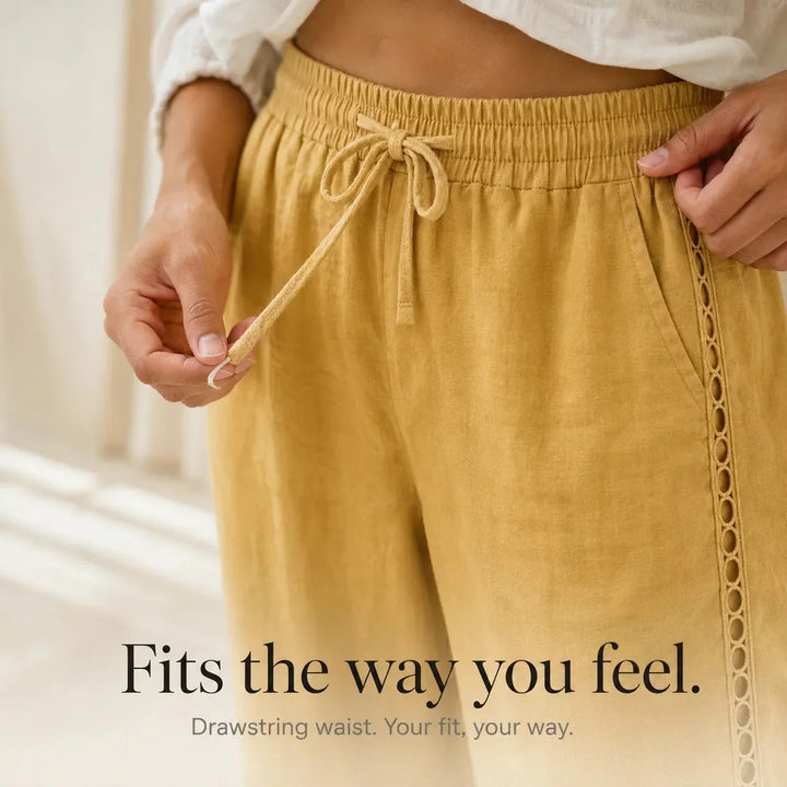 LORAVIE | EYELET TRIM COTTON-LINEN-LIKE PANTS FOR WOMEN