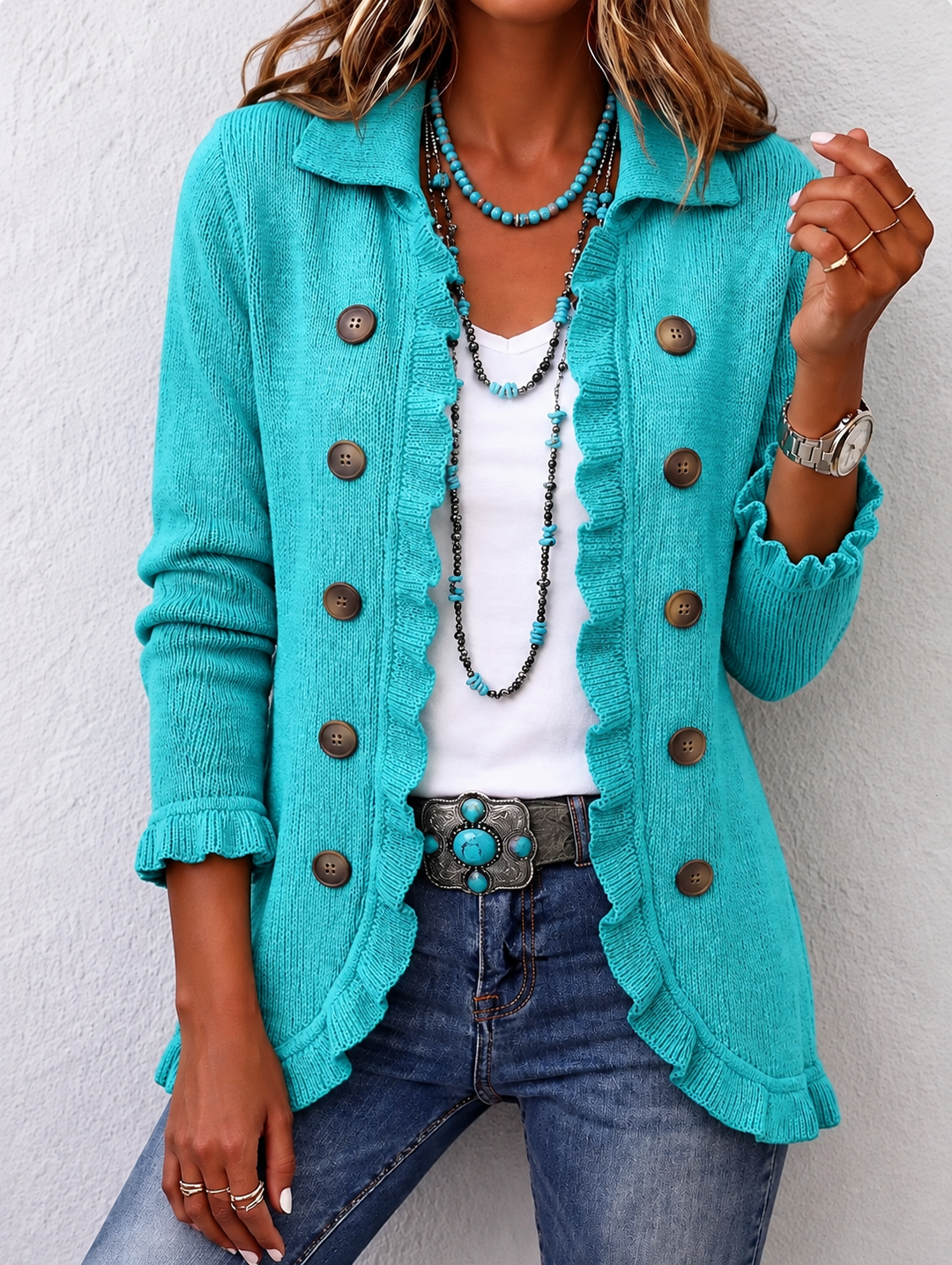 SYLVAINE | RUFFLED RIBBED KNIT JACKET FOR WOMEN