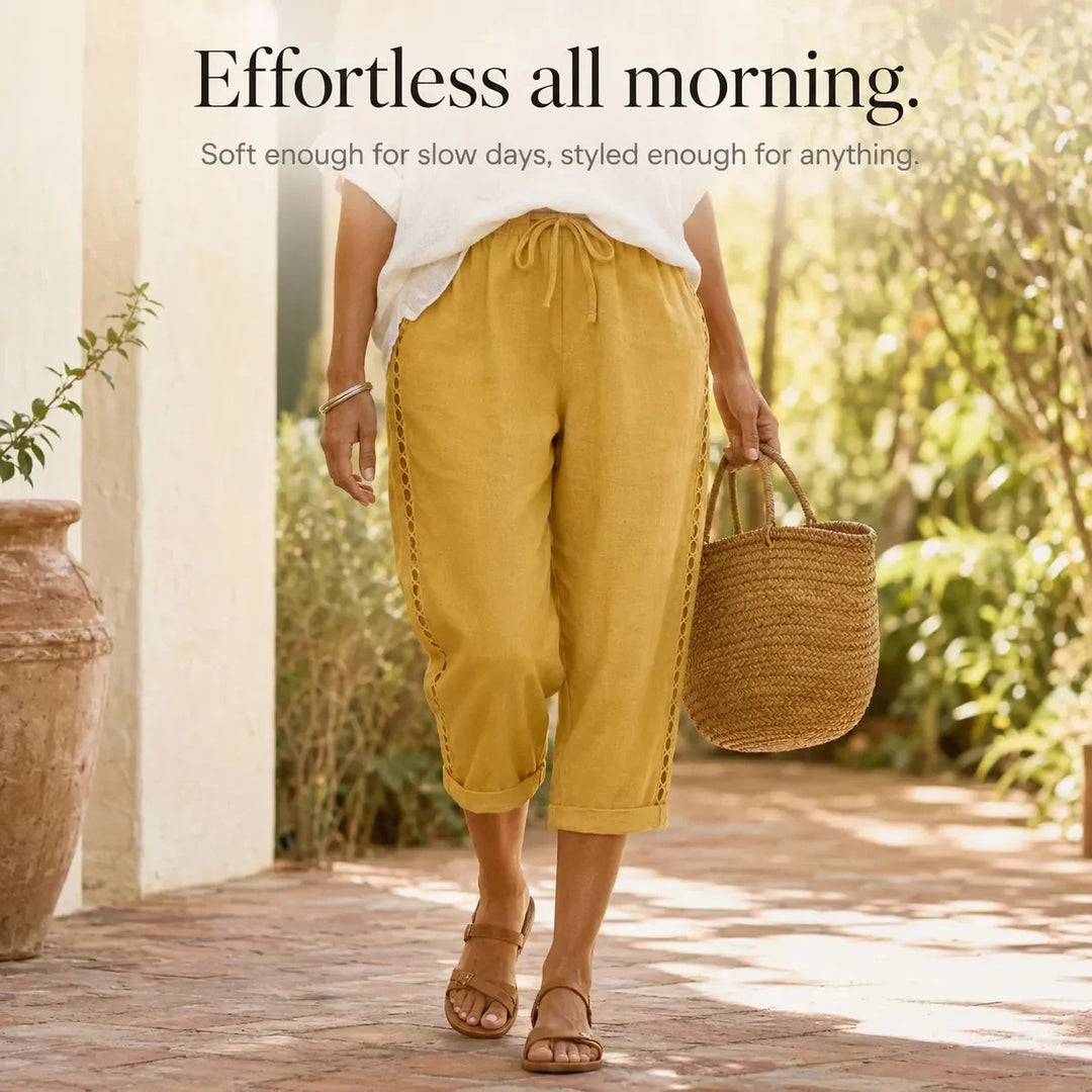 LORAVIE | EYELET TRIM COTTON-LINEN-LIKE PANTS FOR WOMEN
