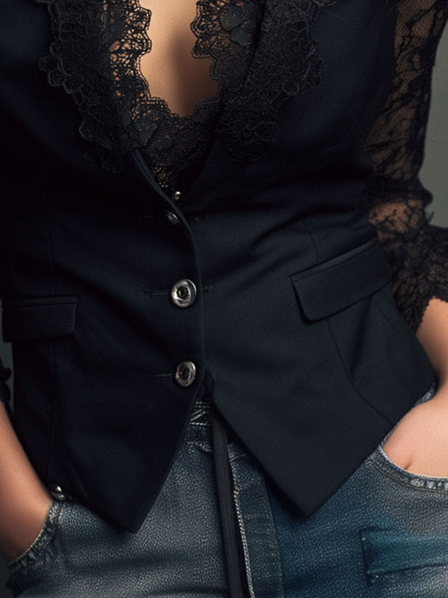 AGATA | BLACK SHEER-SLEEVE BLAZER TOP FOR WOMEN