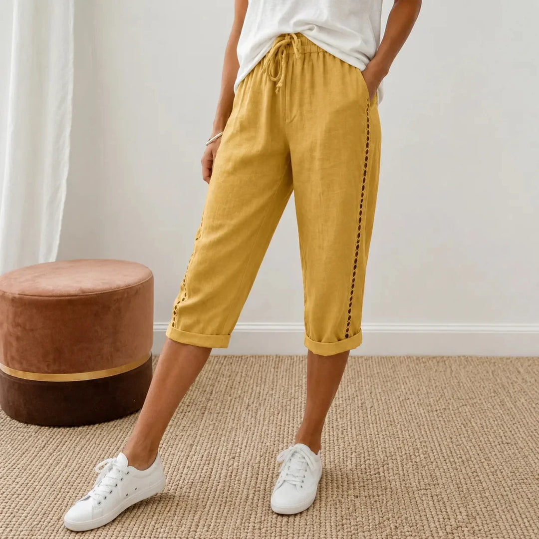 LORAVIE | EYELET TRIM COTTON-LINEN-LIKE PANTS FOR WOMEN