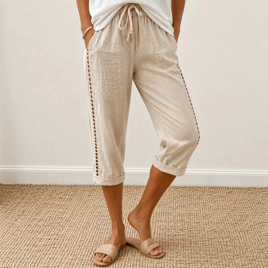 LORAVIE | EYELET TRIM COTTON-LINEN-LIKE PANTS FOR WOMEN