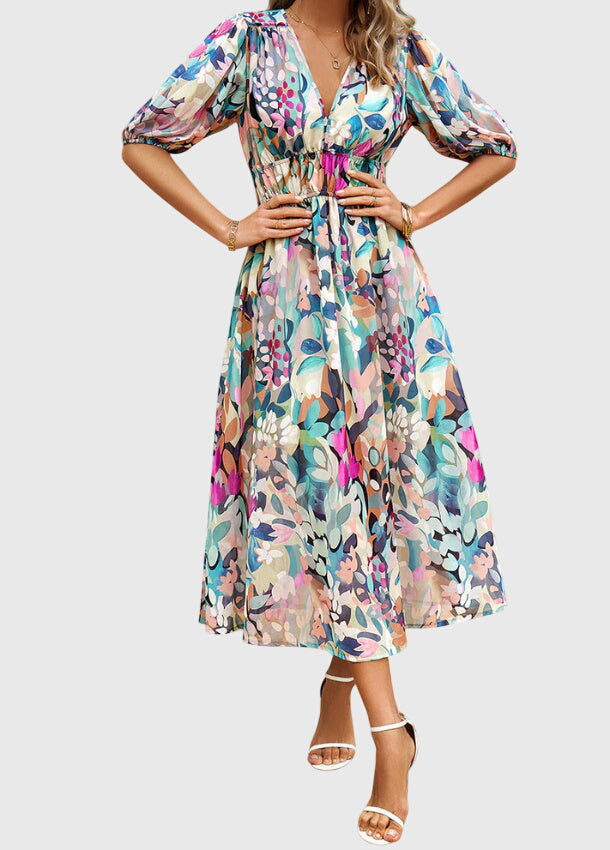 MAREN | FLATTERING FLORAL MIDI DRESS FOR WOMEN