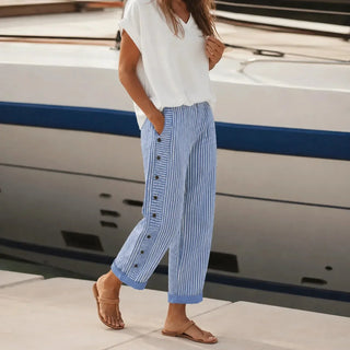 MARENA | STRIPED SIDE-BUTTON CROPPED PANTS FOR WOMEN