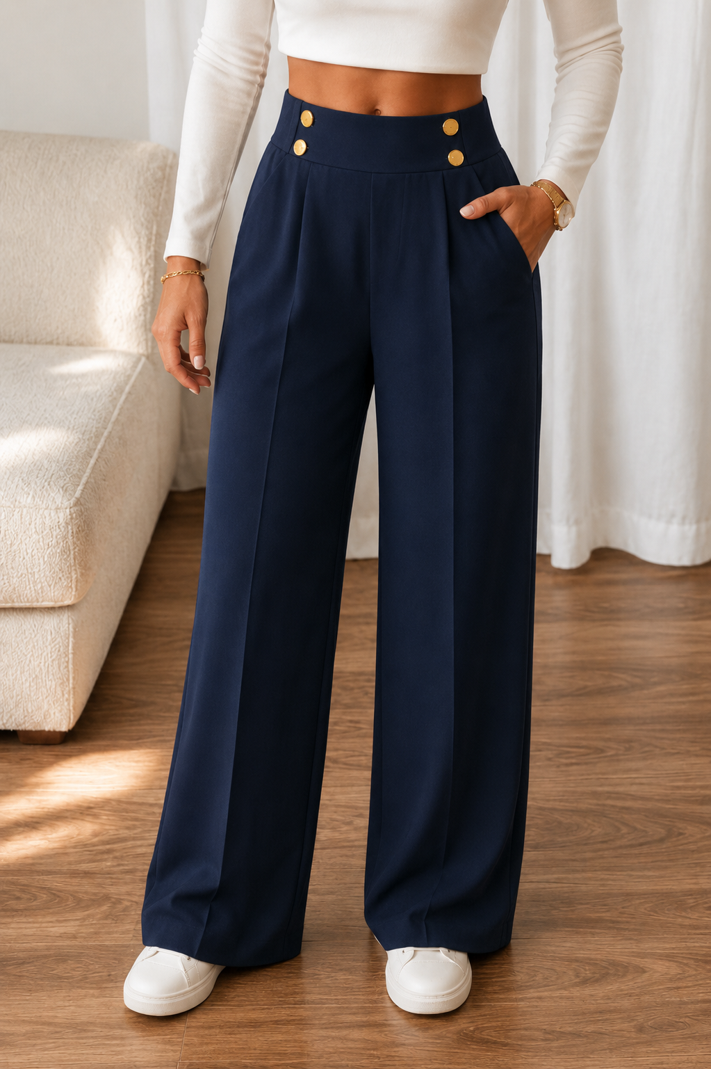 WEARBELLA | METALLIC-BUTTON WIDE-LEG HIGH-WAIST TROUSERS FOR WOMEN