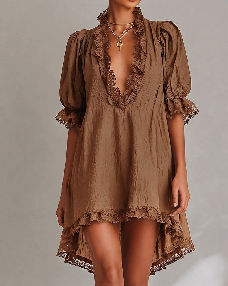 ELODIE | LACE-TRIM V-NECK MINI DRESS FOR WOMEN