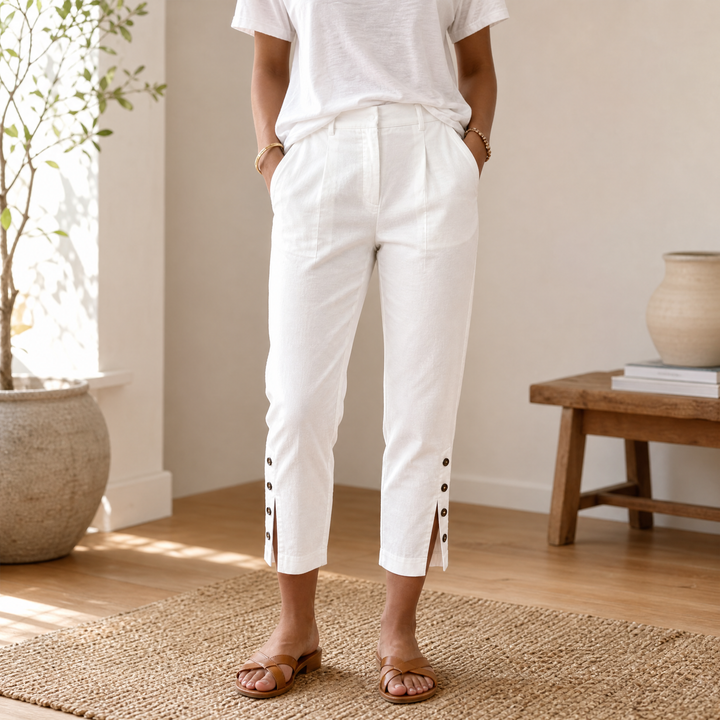 LUNESSA | BUTTON-HEM CROPPED COTTON PANTS FOR WOMEN