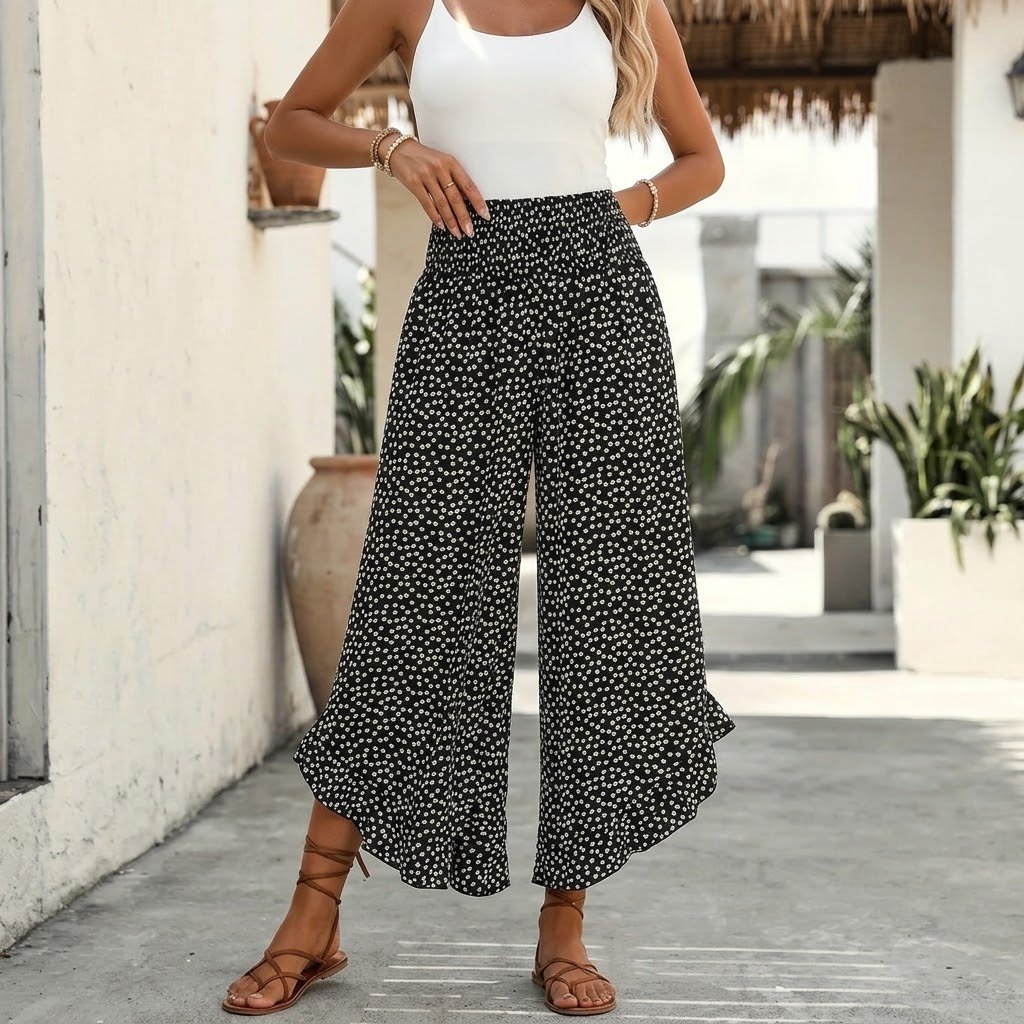 VELURA | SMOCKED WIDE-LEG RUFFLE PANTS FOR WOMEN