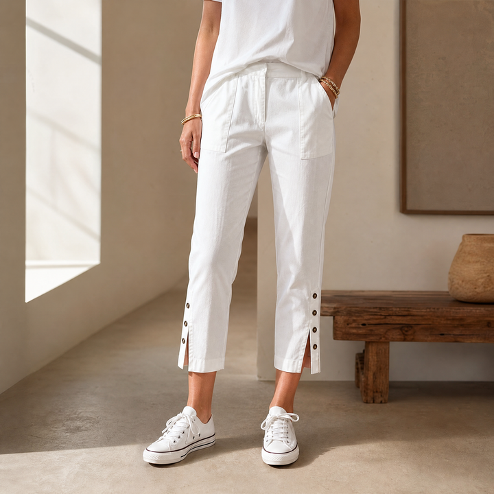 LUNESSA | BUTTON-HEM CROPPED COTTON PANTS FOR WOMEN