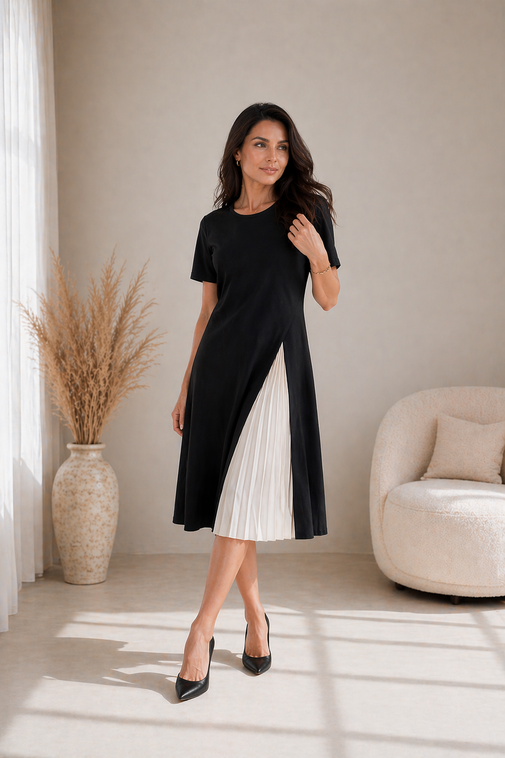 RAGNHILD | PLEATED PANEL MIDI DRESS FOR WOMEN