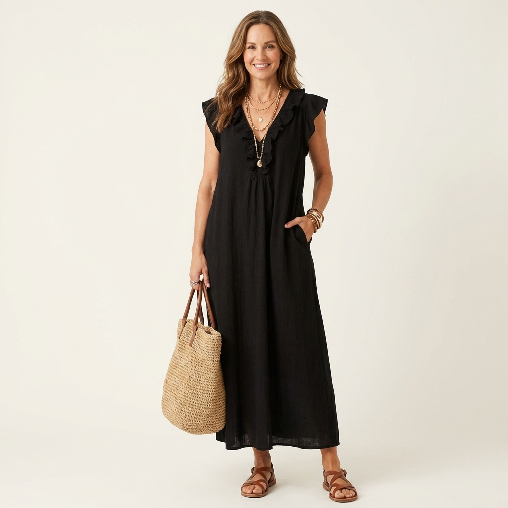 JOSETTE | RUFFLE V-NECK MAXI DRESS FOR WOMEN