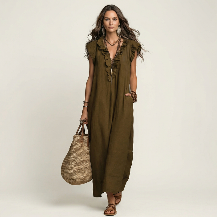 JOSETTE | RUFFLE V-NECK MAXI DRESS FOR WOMEN