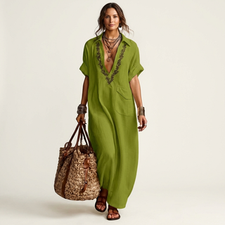 AMARINA | EMBROIDERED V-NECK MAXI DRESS FOR WOMEN