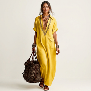 AMARINA | EMBROIDERED V-NECK MAXI DRESS FOR WOMEN