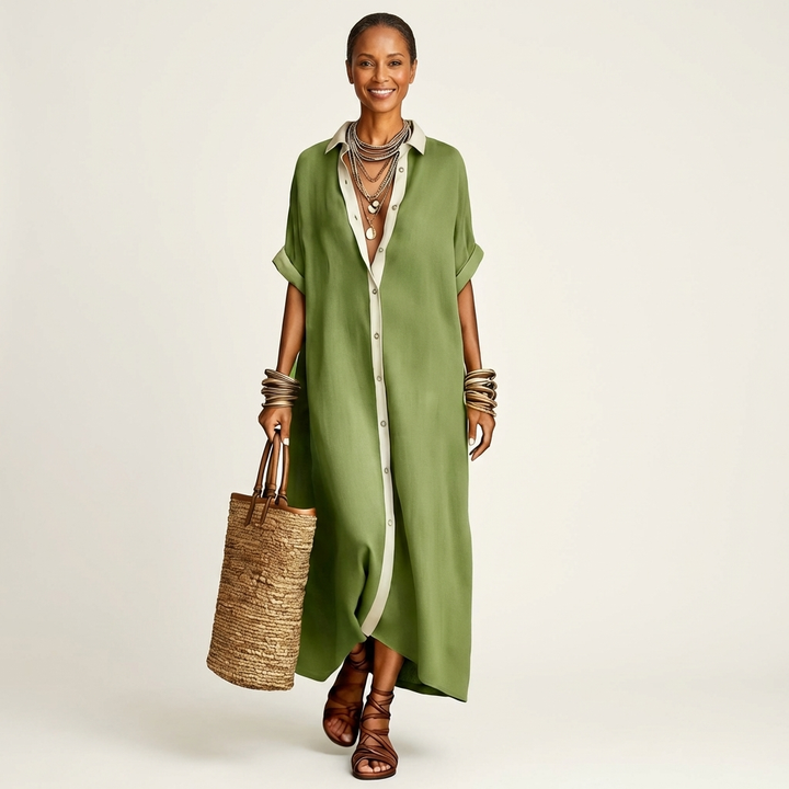 KAMIRA | CONTRAST-COLLAR BUTTON-FRONT MAXI DRESS FOR WOMEN