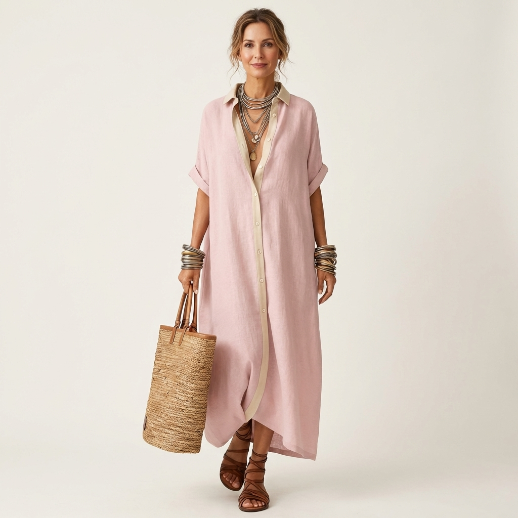 KAMIRA | CONTRAST-COLLAR BUTTON-FRONT MAXI DRESS FOR WOMEN