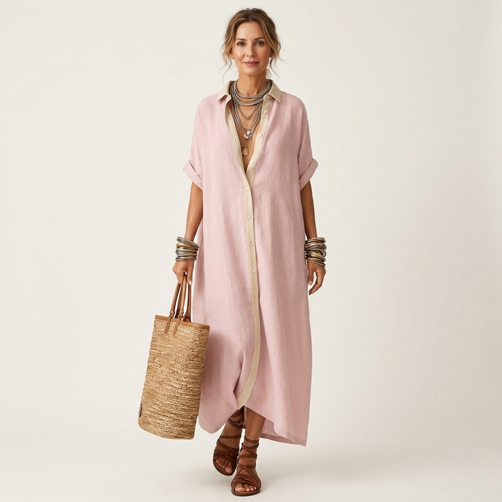 KAMIRA | CONTRAST-COLLAR BUTTON-FRONT MAXI DRESS FOR WOMEN