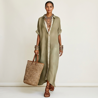 KAMIRA | CONTRAST-COLLAR BUTTON-FRONT MAXI DRESS FOR WOMEN